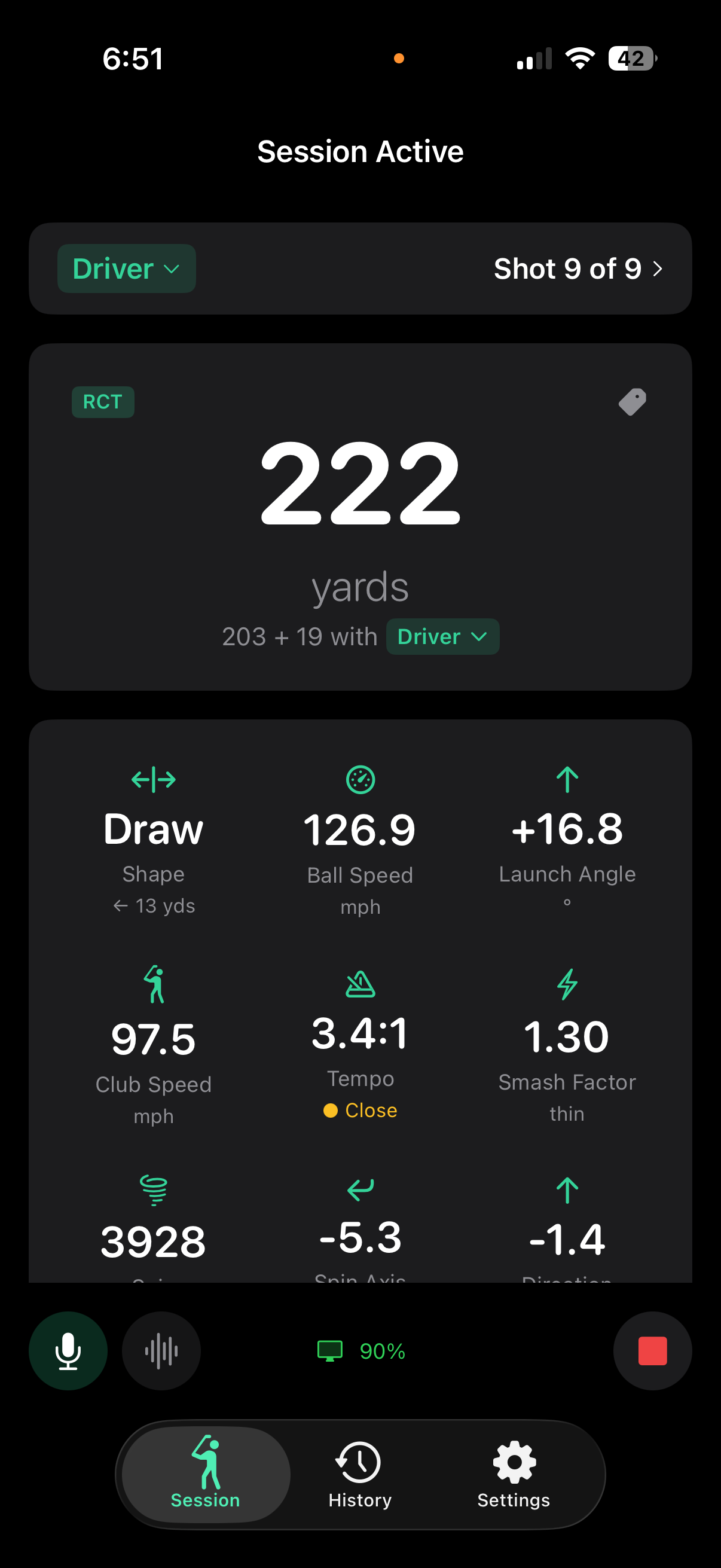 SwingSpeak active session showing driver swing metrics including speed, tempo, and attack angle